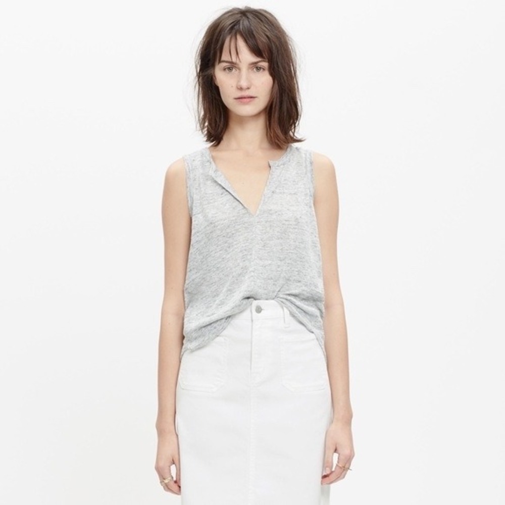 Vince Split Neck Slub Linen Tank Top Gray Size M